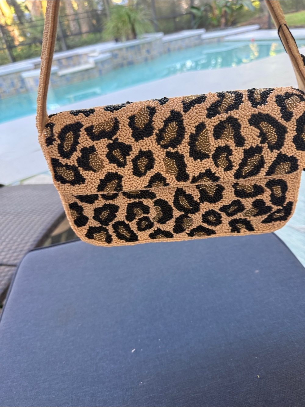 Leopard Beaded Shoulder Bag in Tan and Black